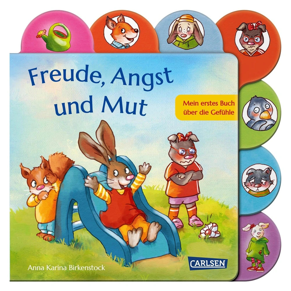 CARLSEN Freude book packaging features a central rabbit on a swing with colorful character illustrations and dark blue text.