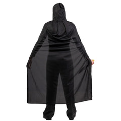 Adult ghost costume in black shiny material worn by a person, featuring a hood and a front view layout.