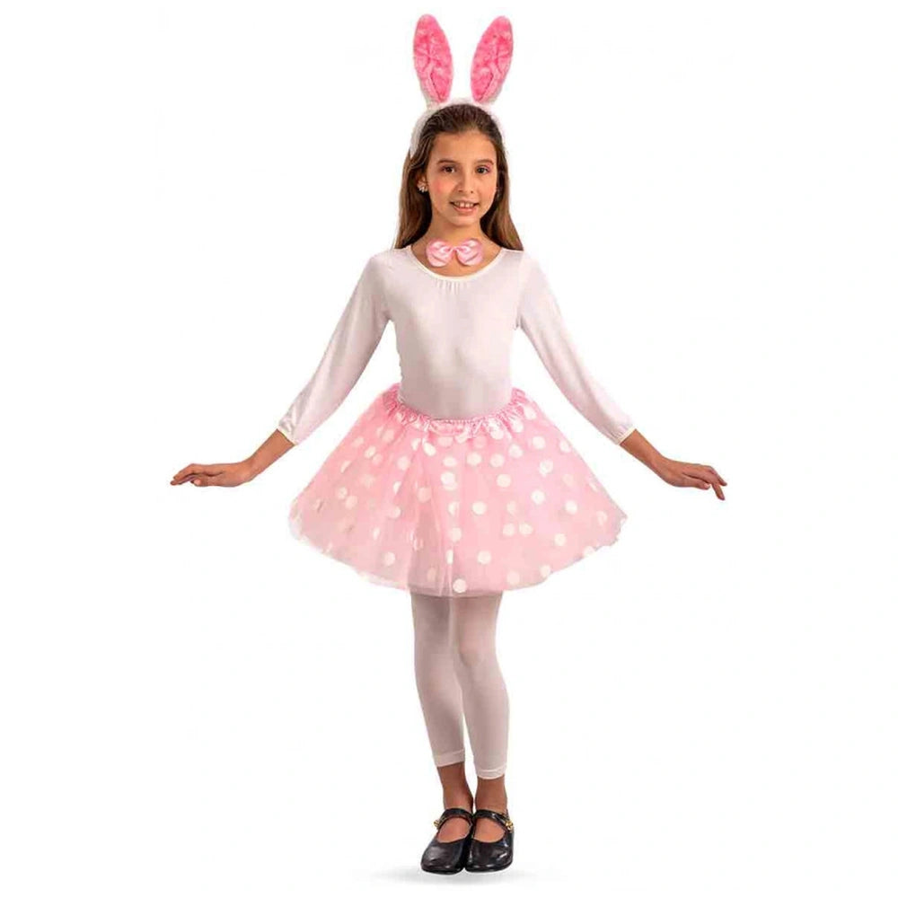 Bunny costume set for girls featuring a pink tutu, white leotard, and bunny ear headband, perfect for imaginative play.
