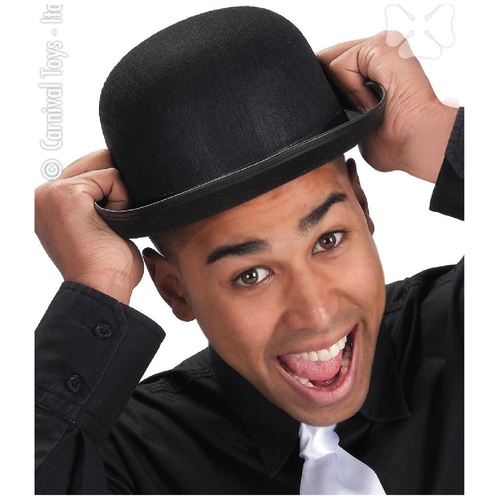 Classic black felt bowler hat with a white tie and black shirt, ideal for dress-up fun and role-playing activities.