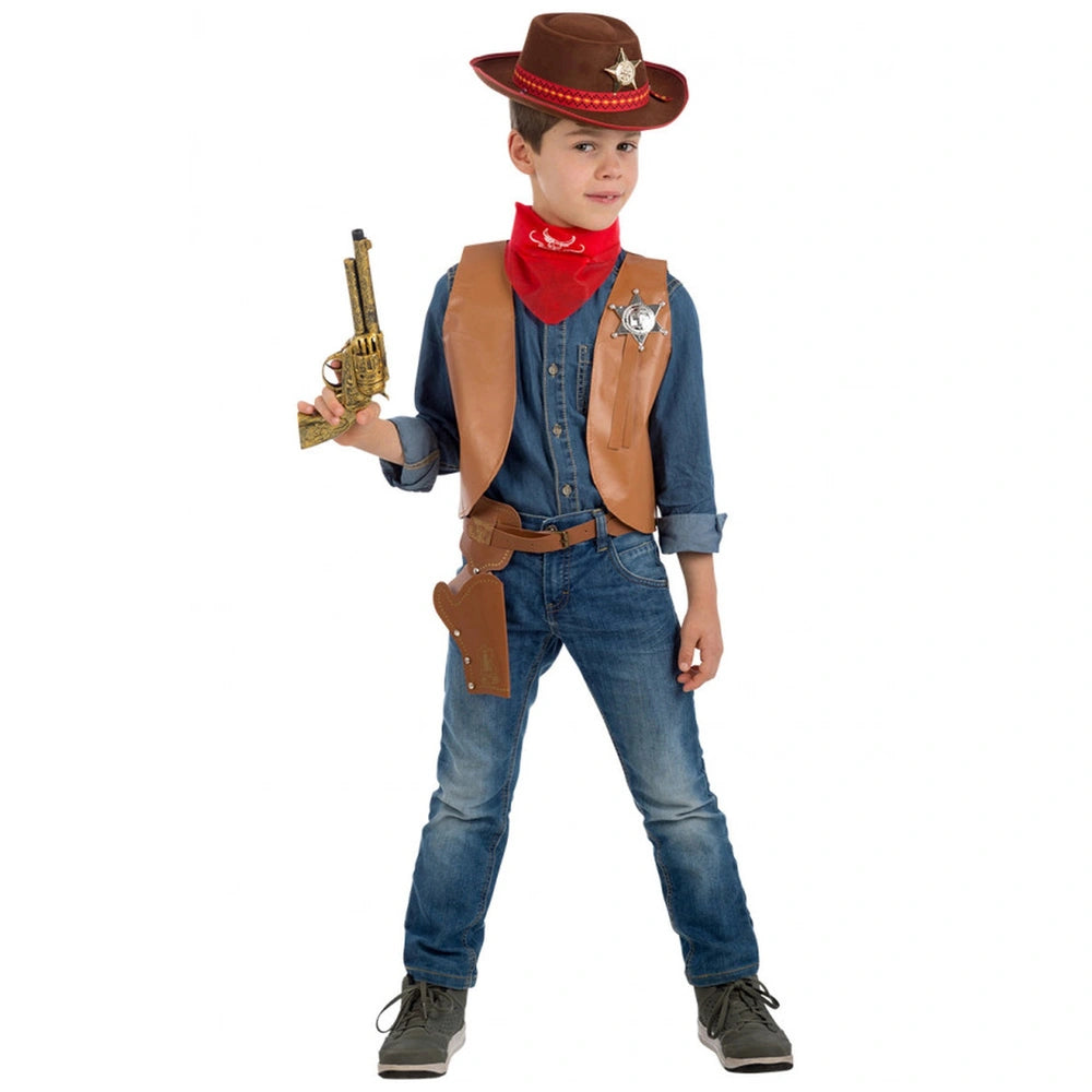 Karneval Spielzeug - Cowboy Set mit Weste, Pistole, Bandana und Gürtelholster für Kinder - Rollenspiele und Berufsspiele