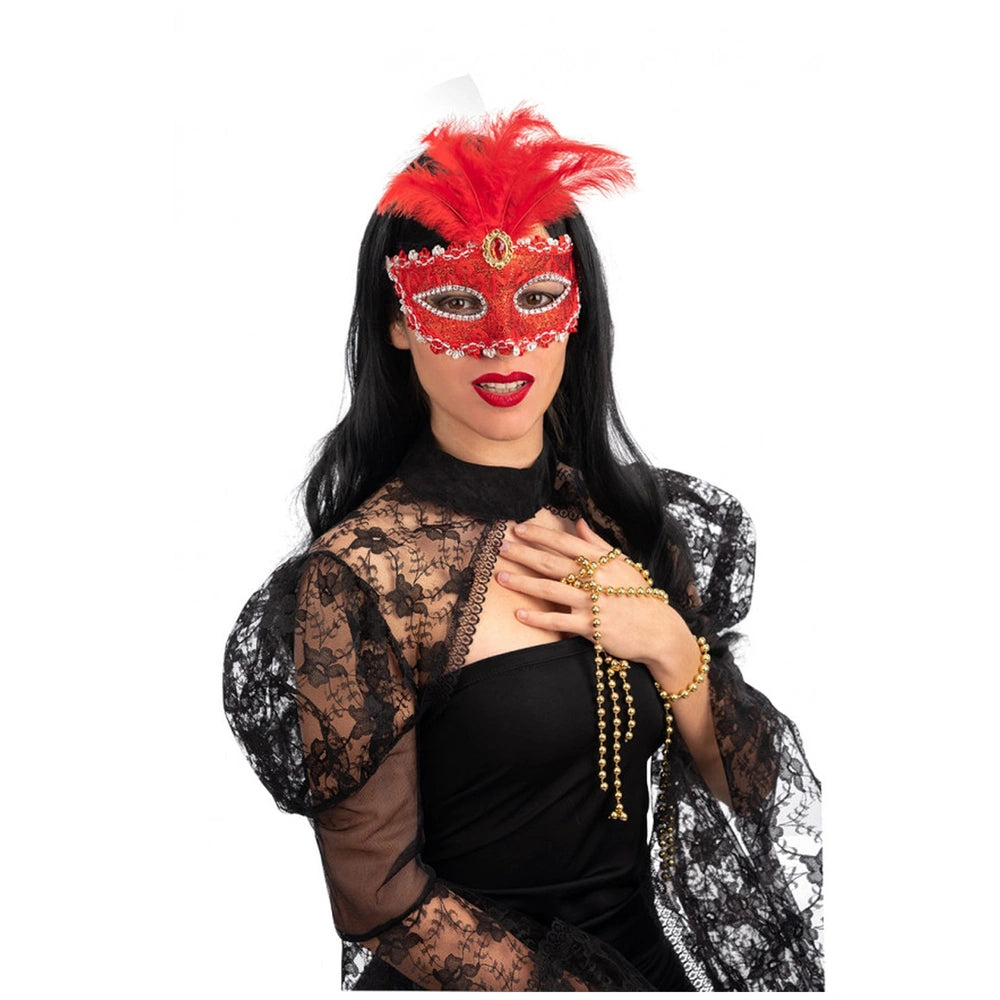 Carnival Toys - Rote Damast-Halbmaske mit Federn für kreativen Verkleidungsspaß - Rollenspiele und Berufsspiele