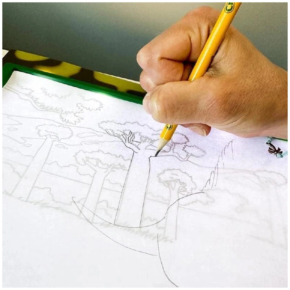 CRAYOLA Light-Up Tracing Pad featuring a yellow pencil and white paper for creative dinosaur-themed arts and crafts.