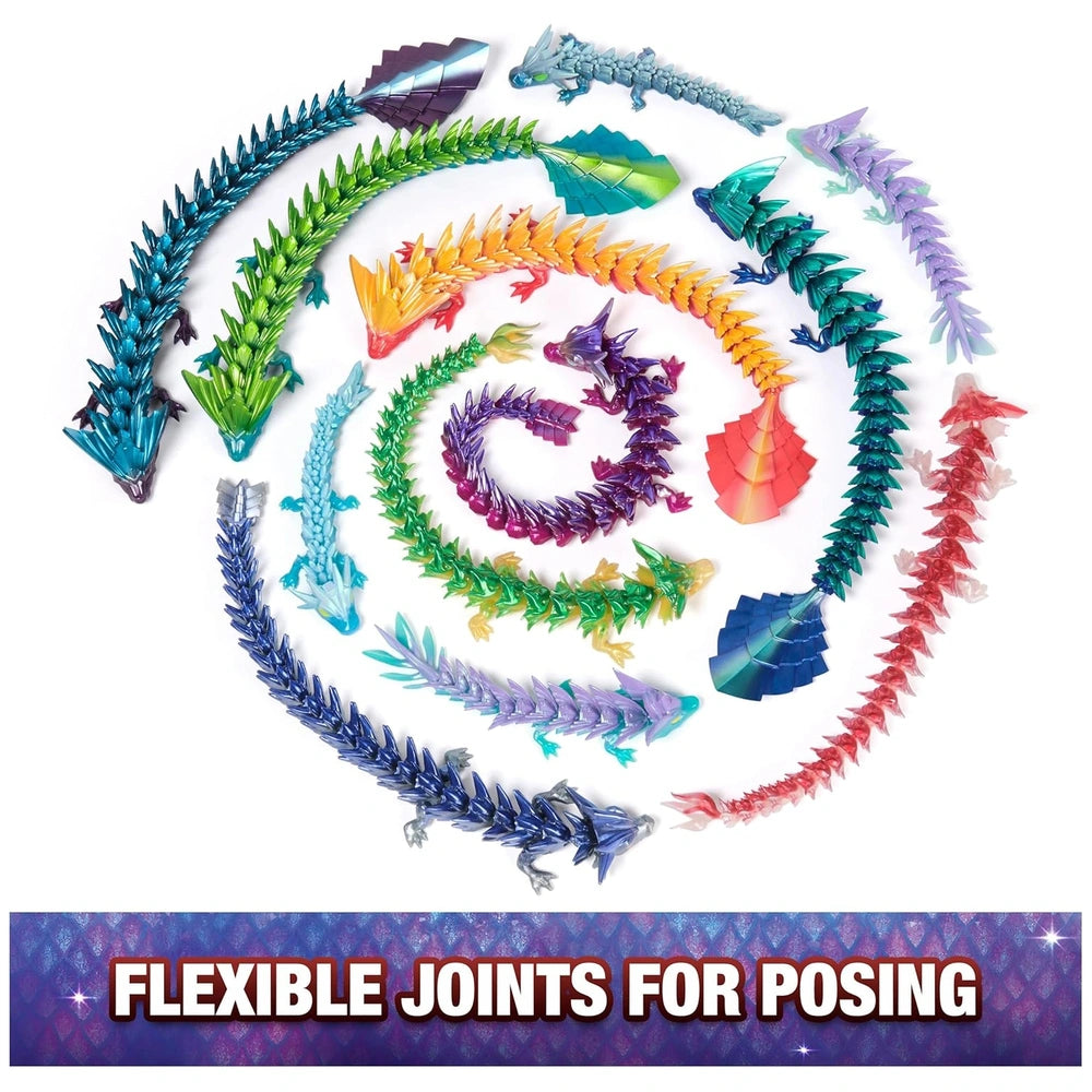 Articulated dragon figure with colorful flexible joints arranged in a circular pattern for dynamic posing and movement.