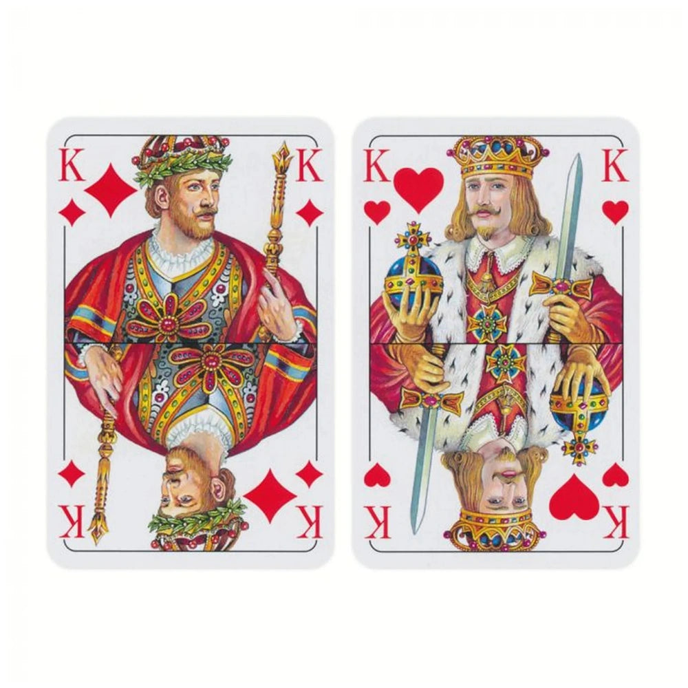 Dal Negro French-suited playing cards featuring glossy red, white, and black illustrations of ornate kings in regal attire.