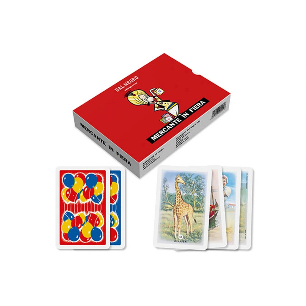 Dal Negro Il Mercante In Fiera deck featuring blue and red cards in a red box with a yellow and red giraffe illustration.