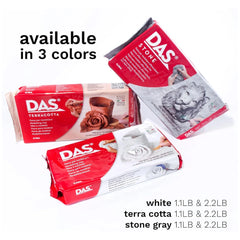 DAS Modeling Clay packaging features red material with white and gray text, showcasing Terra-Cotta and Stone Gray colors.