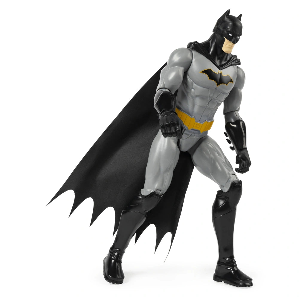 DC Comics Batman Rebirth action figure stands 30 cm tall, featuring a muscular build in black and gray with a yellow belt.