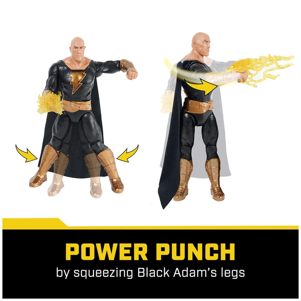 DC Comics Black Adam action figure in a superhero pose, featuring a muscular build, cape, and yellow energy blast.