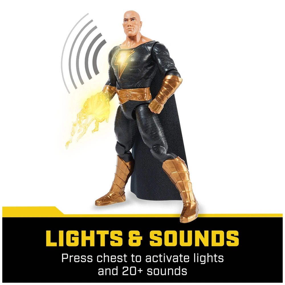 DC Comics Black Adam action figure features a muscular build in a black and gold costume, emitting yellow energy from its han