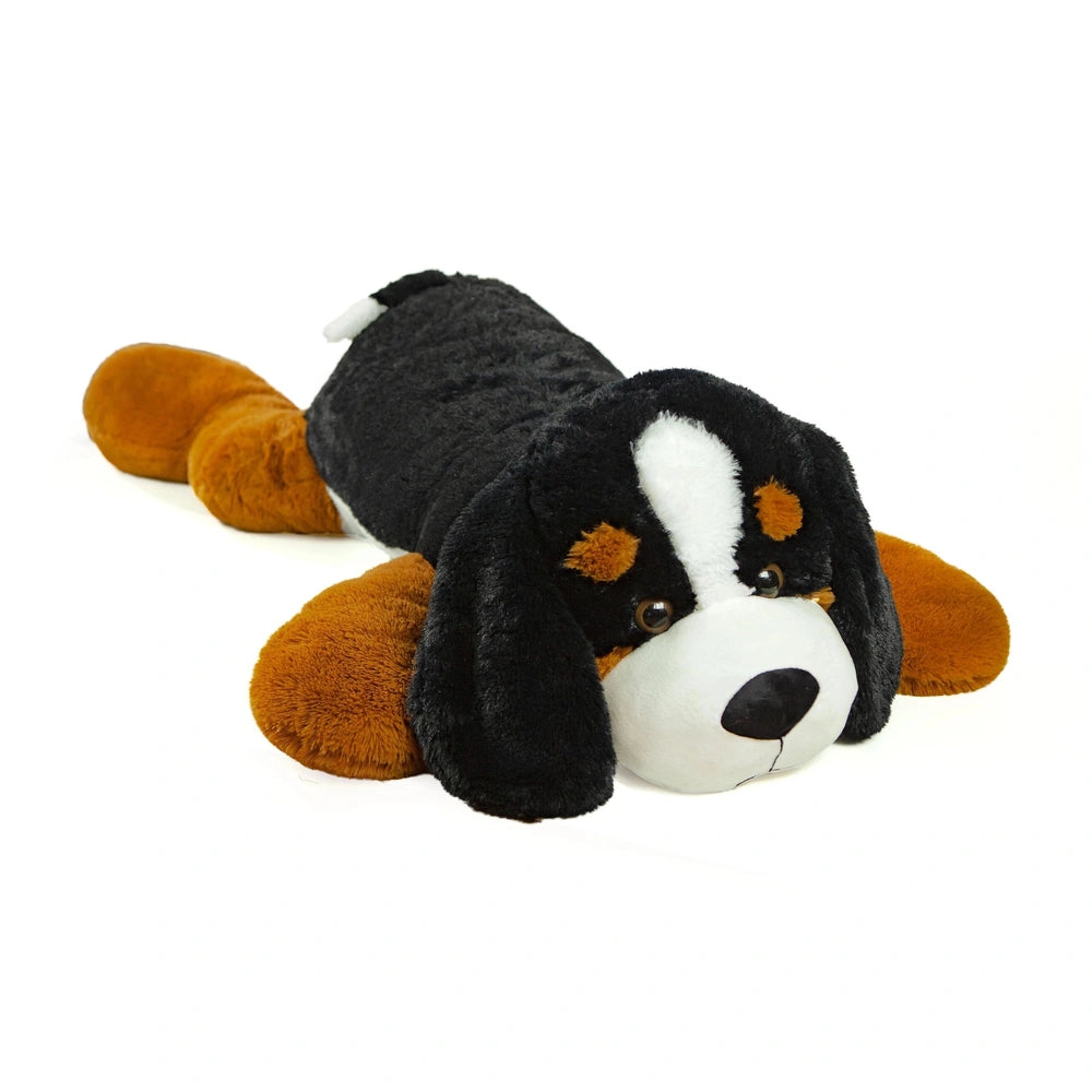 Maxi Bernese Mountain Dog plush, 100 cm, featuring black and brown fur, white facial stripe, and detailed paws and tail.