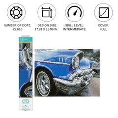 Diamond Dotz 50s Classic arts & crafts kit featuring a glossy blue car design on a vibrant light blue background.