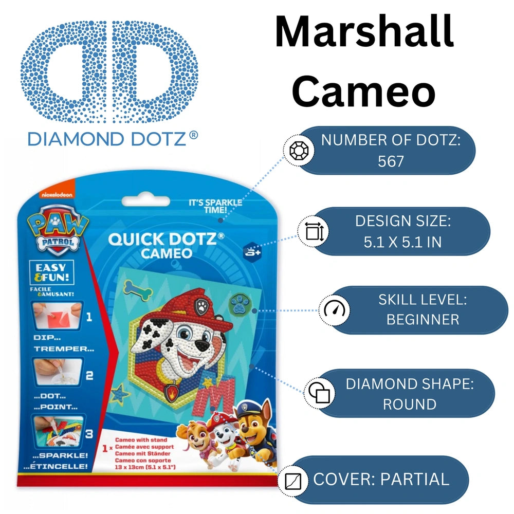 DIAMOND DOTZ - DOTZIES PAW PATROL Marshall diamond painting packaging in blue, featuring white and red text with icons and QR
