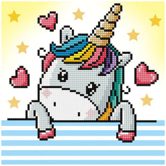 Diamond Dotz Dotzies U baby diamond painting features a glossy unicorn with a colorful mane and red hearts on a yellow-white 