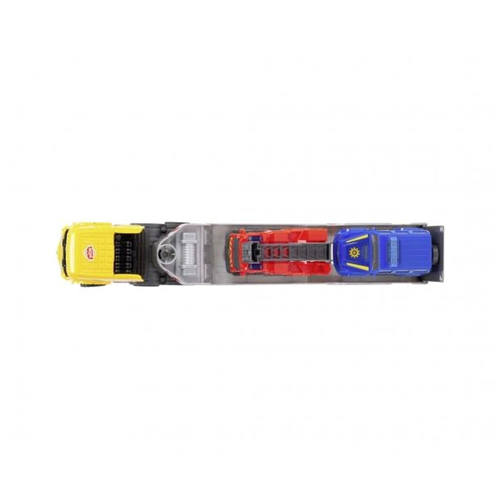 Dickie 3 In 1 Micro Rescue Truck Play Vehicles featuring yellow, red, and blue toy cars on a toy car track.
