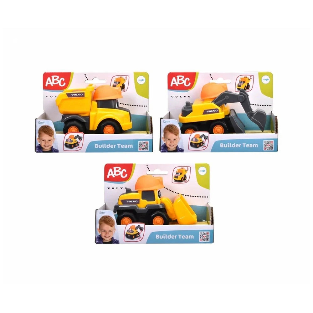 Dickie ABC Volvo Builder Team play vehicle in yellow and black cardboard packaging with transparent window and colorful desig