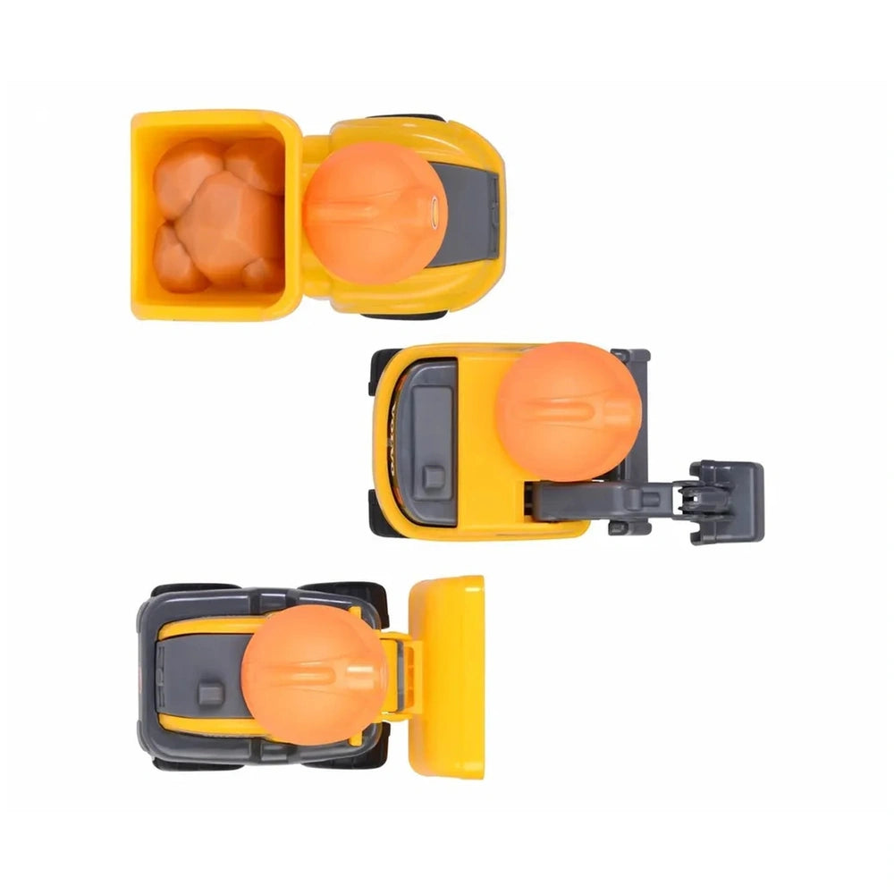 Dickie Abc Volvo Builder Team Play Vehicles featuring four plastic containers in yellow and orange with black lids.