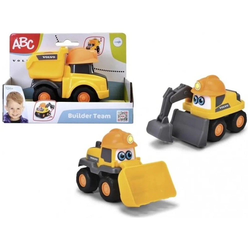 Dickie ABC Volvo Builder Team play vehicles in yellow, black, and orange, displayed in glossy cardboard packaging with child 