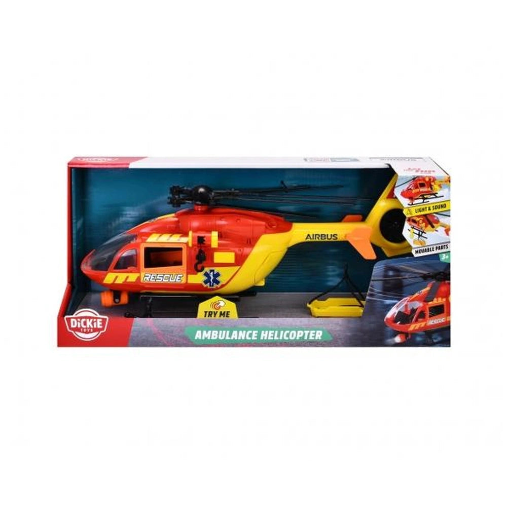 Dickie ambulance helicopter Airbus H145 in yellow and red, displayed in glossy cardboard packaging with clear window.