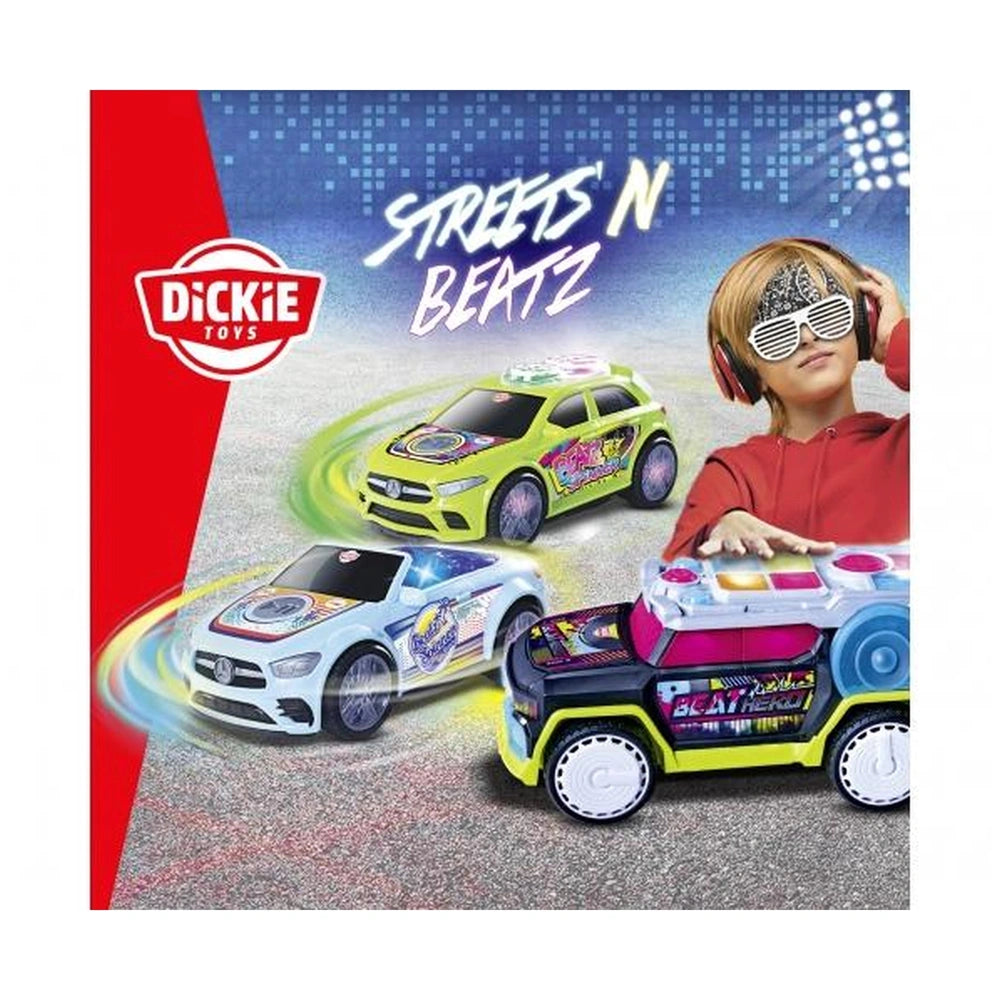 Dickie Beat Breaker Streets play vehicle packaging featuring a child, angled view with vibrant colors and sounds.