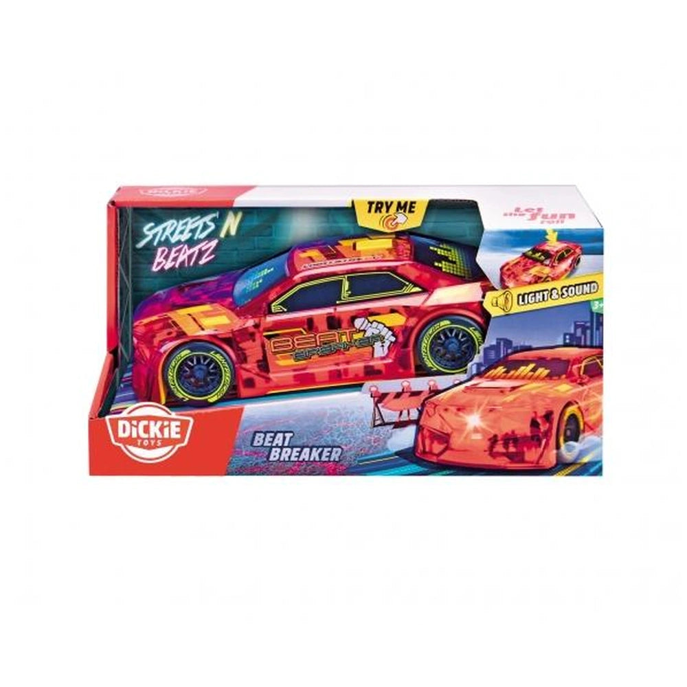 Dickie Beat Breaker toy vehicle in glossy red and white packaging with vibrant graphics and visible plastic window.