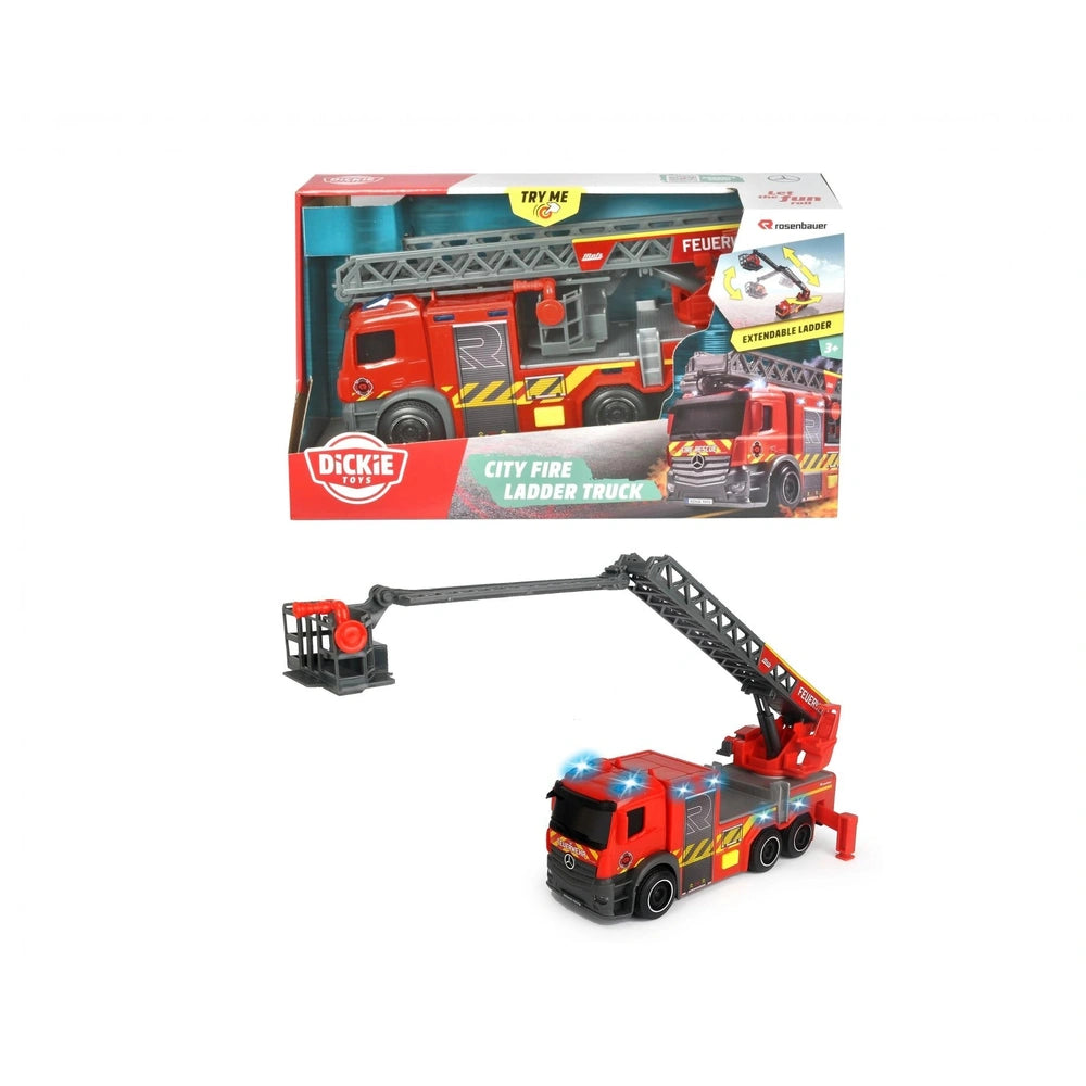 Dickie City Fire Ladder Truck play vehicle in red and yellow, displayed in red and white cardboard packaging with a handle.