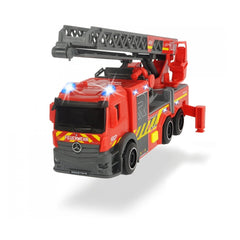 Dickie City Fire Ladder Truck play vehicle in red with gray ladder, black wheels, and yellow stripe accents, featuring a shin
