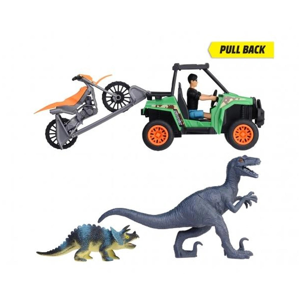 Dickie Dino Tracker Explorer Toy Playset features a green vehicle with glossy orange wheels and a gray dinosaur with blue and