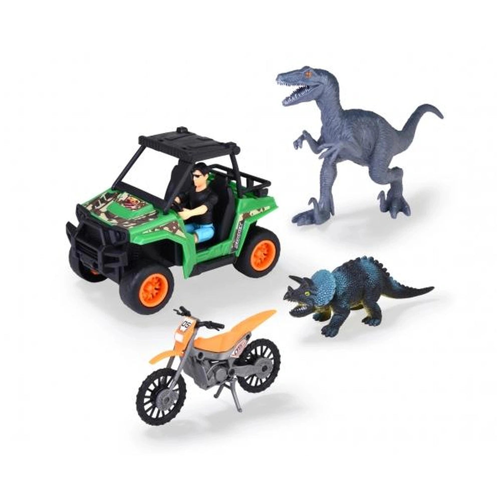 Dino Tracker Explorer toy playset featuring a gray dinosaur, black jeep, and motorcycle with orange wheels.