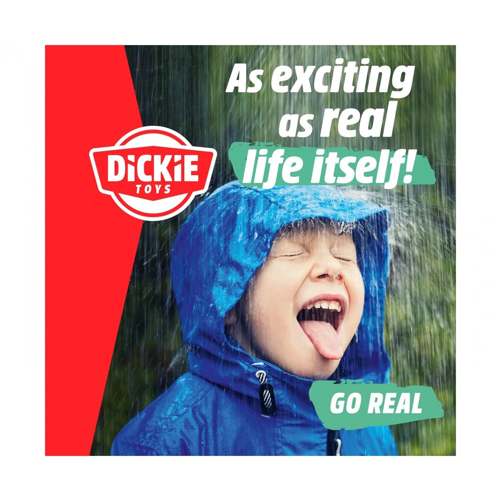 Dickie Farm-Set-Play-Vehicles features a child in a blue raincoat, joyfully sticking out their tongue against a rainy backdro