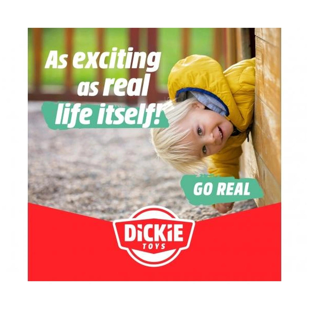 Dickie Fendt remote controlled tractor play vehicle with child peeking from behind wooden structure, greenery in background.