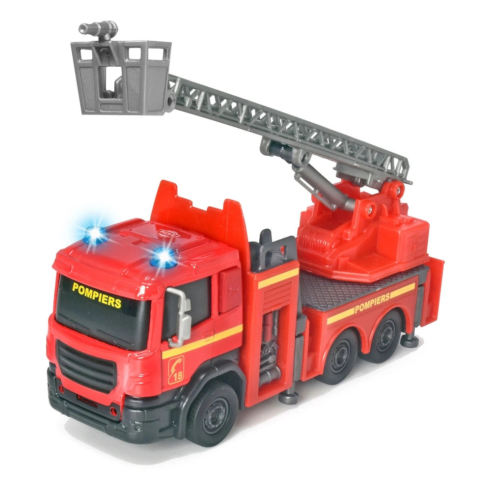 Dickie Fire Rescue toy truck in red plastic with black windows, yellow stripes, and gray ladder, hose, and reels.