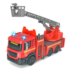 Dickie Fire Rescue toy truck in red plastic with black windows, yellow stripes, and gray ladder, hose, and reels.
