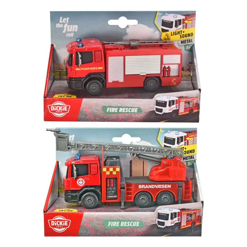 Dickie Fire Rescue toy truck in red packaging with clear window, featuring lights, sounds, and detailed fire equipment.