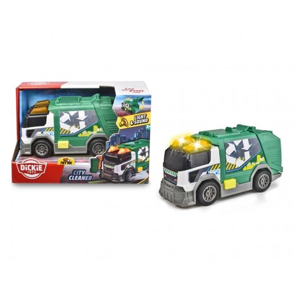 Dickie garbage truck toy in green and white with lights, sounds, and a red and white cardboard packaging featuring a transpar