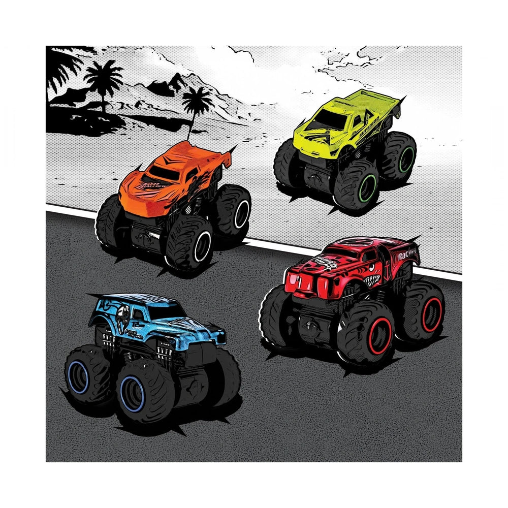 Dickie Key Racer play vehicles in red, yellow, blue, and black on a stylized asphalt surface with a beach backdrop.