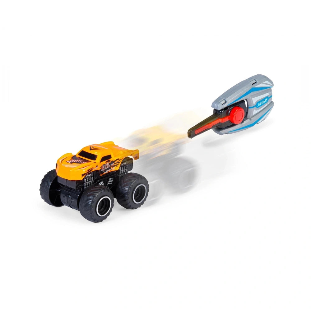 Dickie Key Racer play vehicle in yellow with gray top, red front, and black wheels, displayed front view at center.