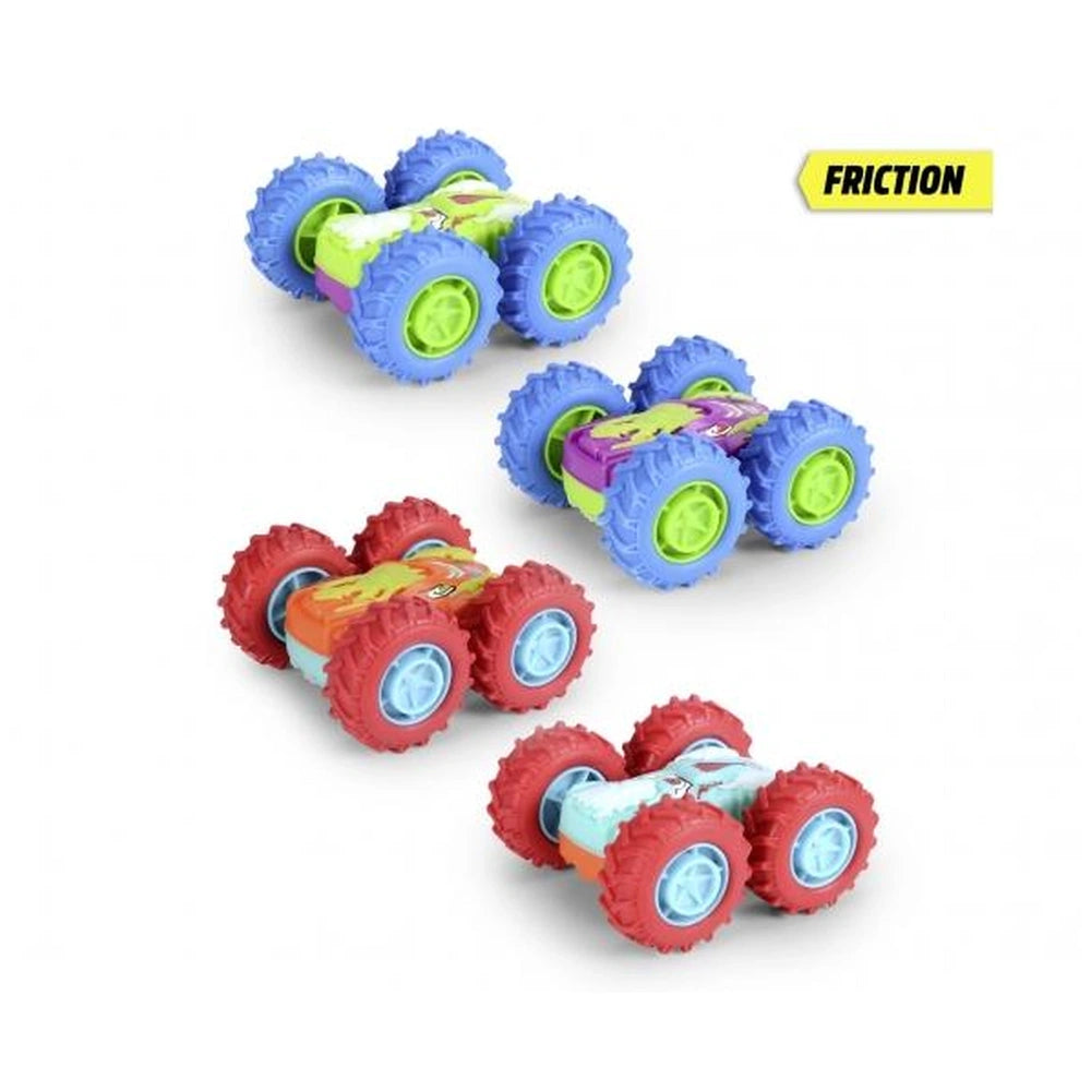 Dickie Monster Flippy assorted play vehicles, featuring three red and blue toy cars with "FRICION" text.