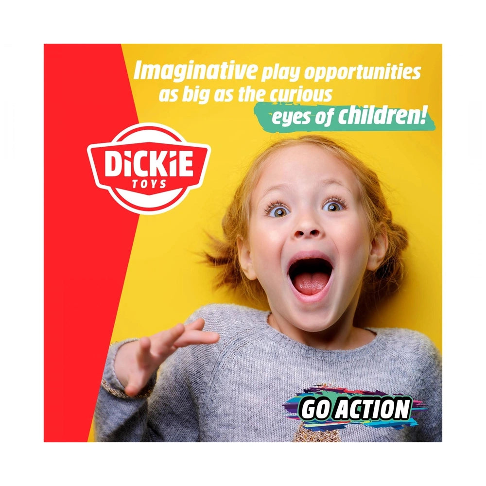 Dickie Monster Truck Play Vehicle packaging featuring a girl with blonde hair, excitedly showing her teeth against a yellow b