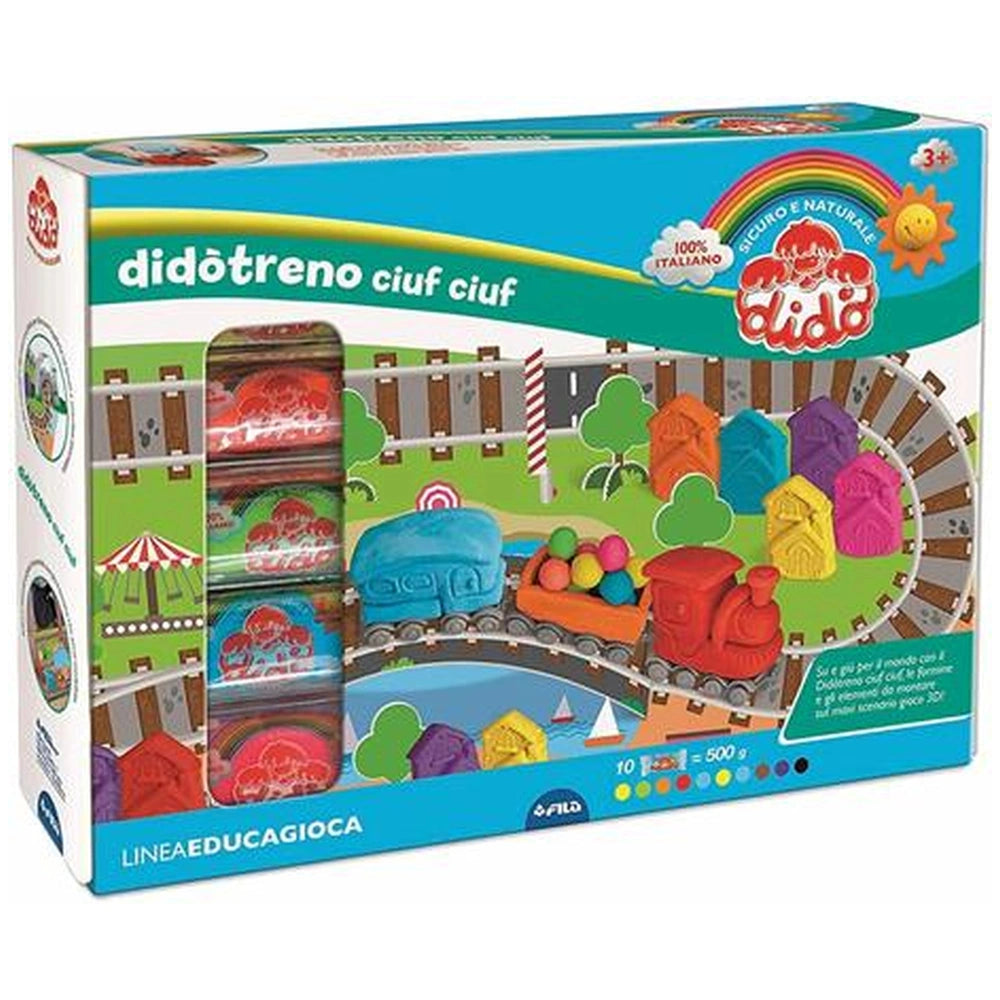 Didò Choo-Choo Train Modelling Dough Set packaging features a colorful train illustration with "100% natural" and "10 + 500" 