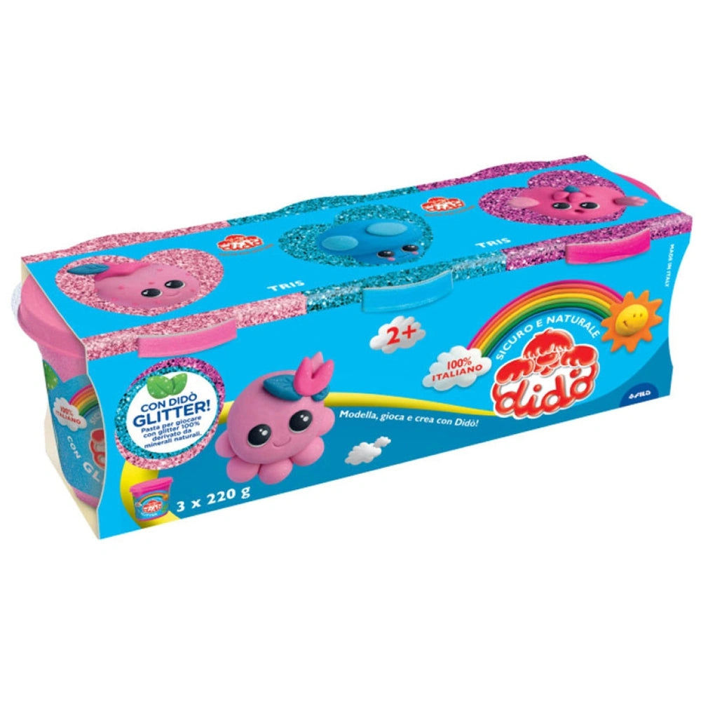 Didò Glitter Trio Pack features glossy blue packaging with colorful graphics, including a rainbow, sun, cloud, and cartoon ch