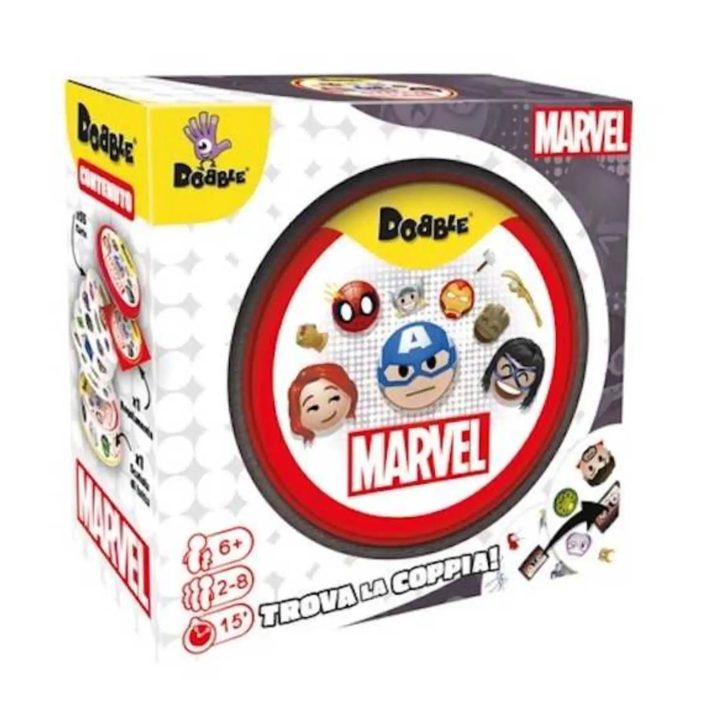 ASMODEE Dobble Marvel Emoji Card Game box with colorful characters, age 6+, vibrant design, perfect for family fun.