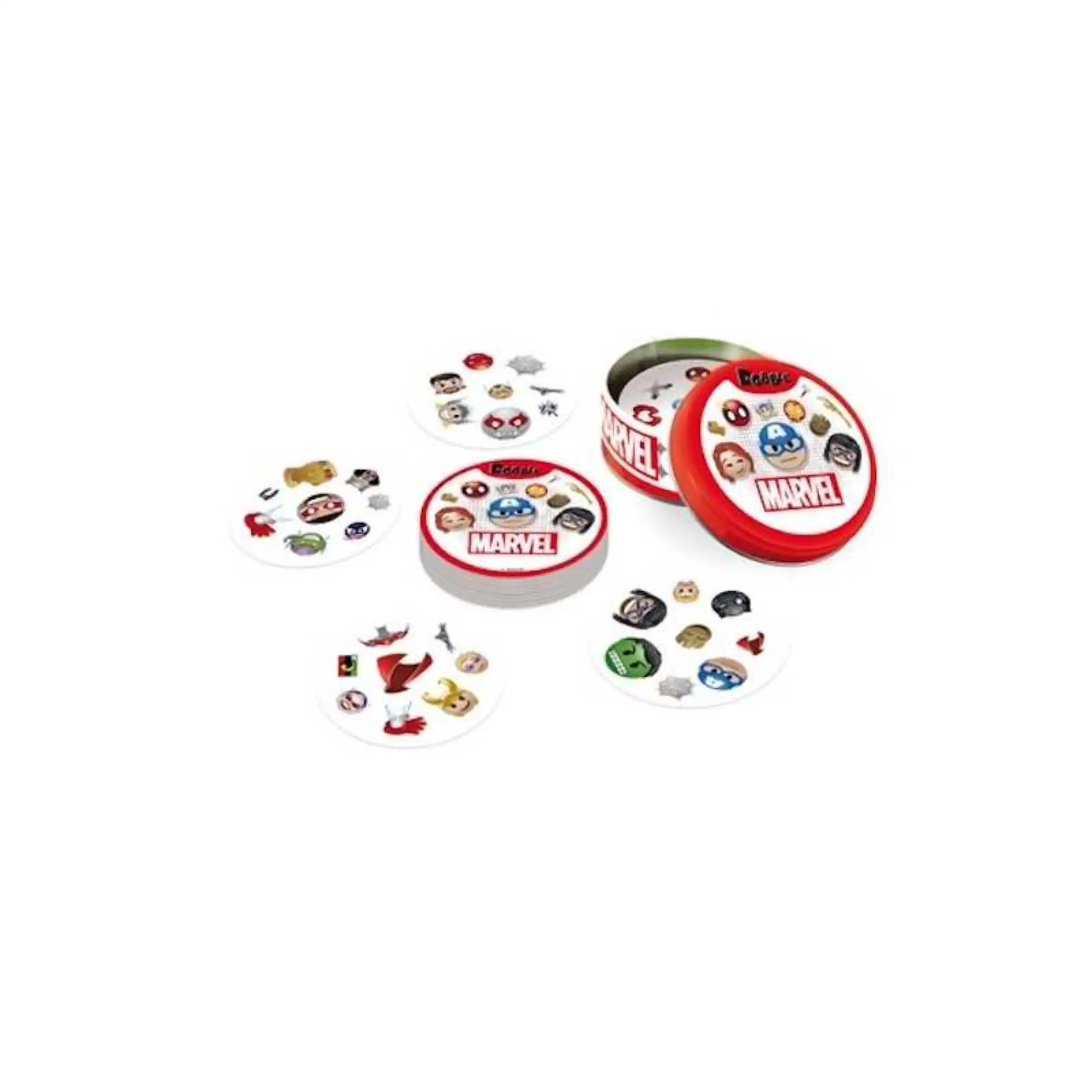 ASMODEE Dobble Marvel Emoji Card Game features a red tin, Marvel characters, and glossy plastic items on a white background.