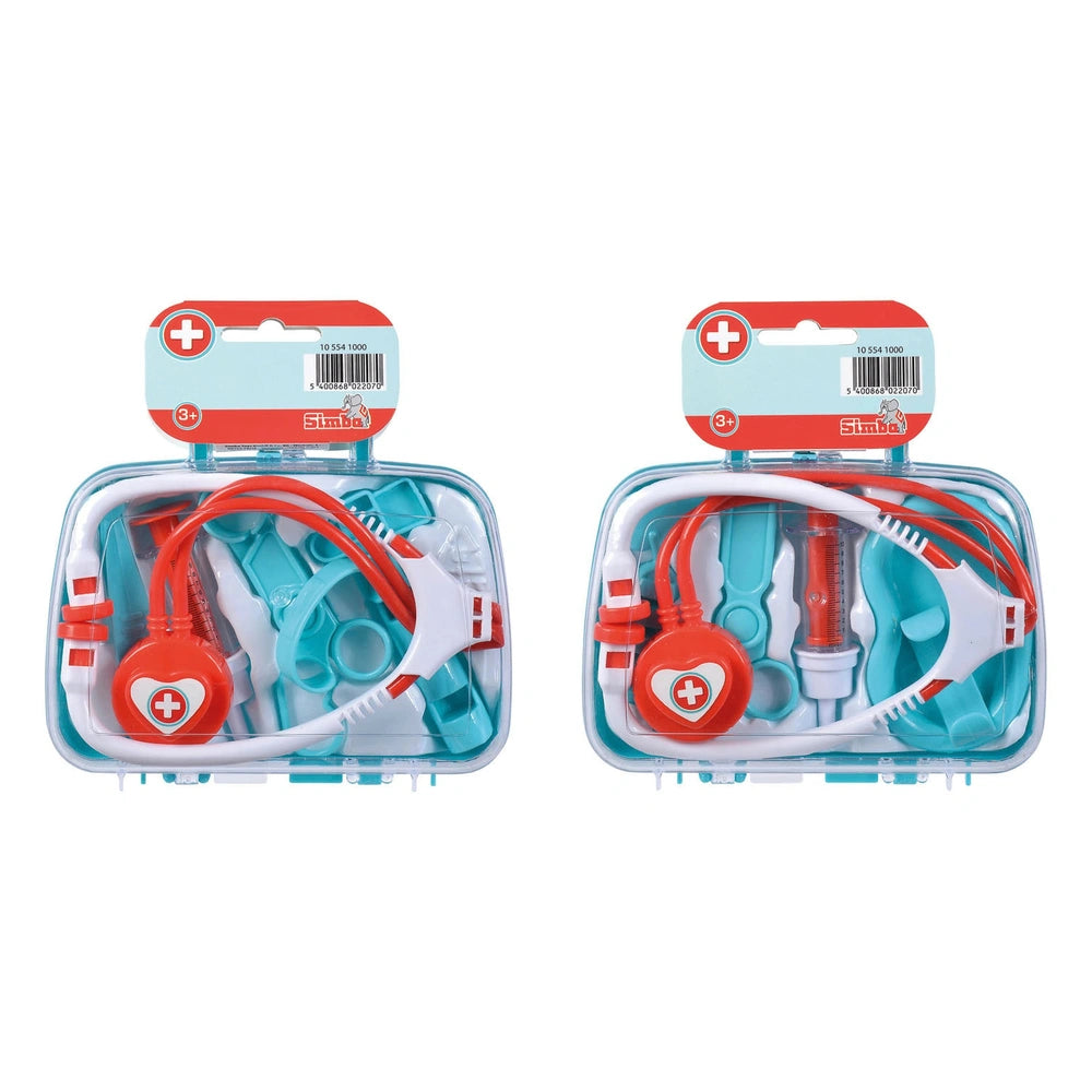 Doctors case toy kit featuring medical accessories like a stethoscope, syringe, scissors, and heart emblem in red and white.