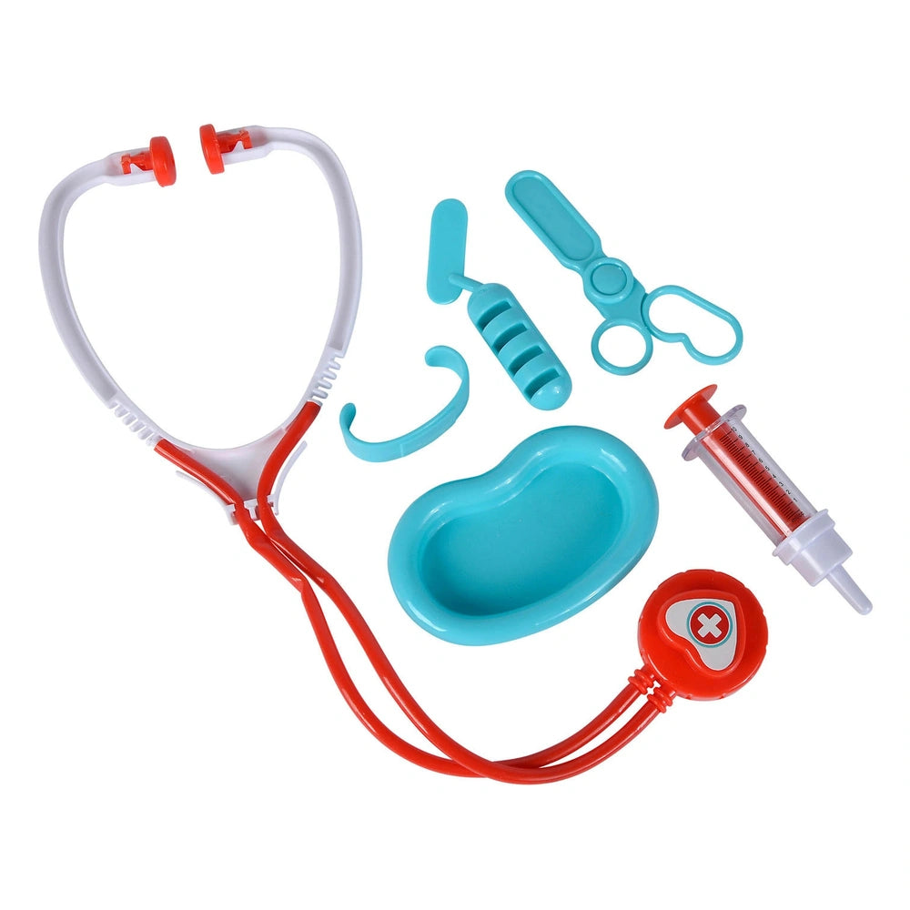 Doctors case with medical accessories including a stethoscope, blood pressure cuff, syringe, and thermometer on a white back