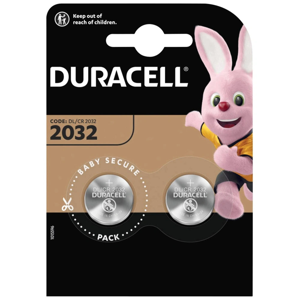Duracell CR 2032 lithium battery pack featuring a pink bunny character on matte cardboard with glossy silver battery.