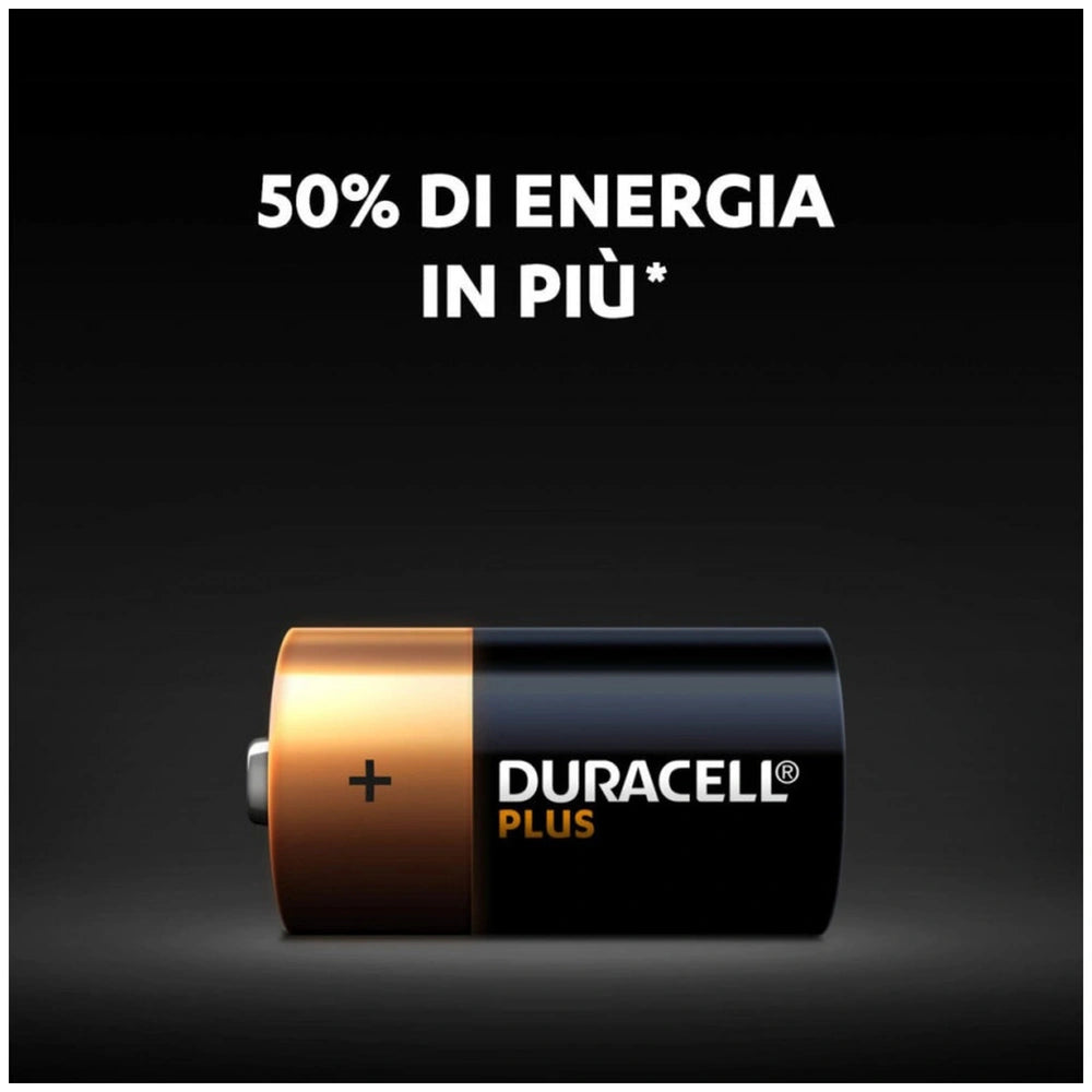 Duracell Plus Power Type C alkaline batteries with a black body and gold top, featuring "DURACELL PLUS" text.