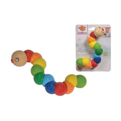 Colorful wooden caterpillar toy with a rainbow gradient, made of soft material, designed for babies and toddlers.