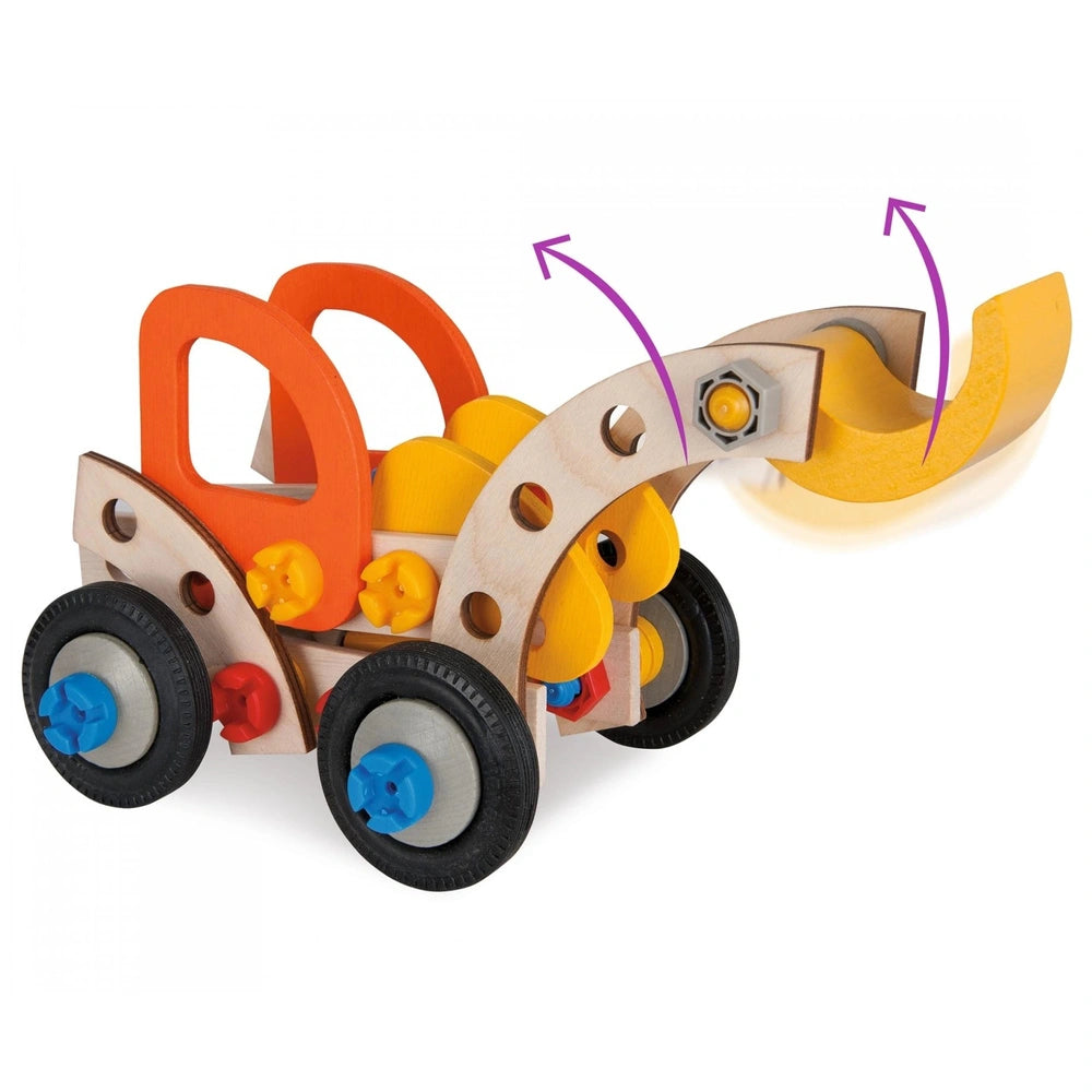 Eichhorn Constructor 3in1 wooden toy vehicle features a yellow body, black wheels, and colorful components against a white ba