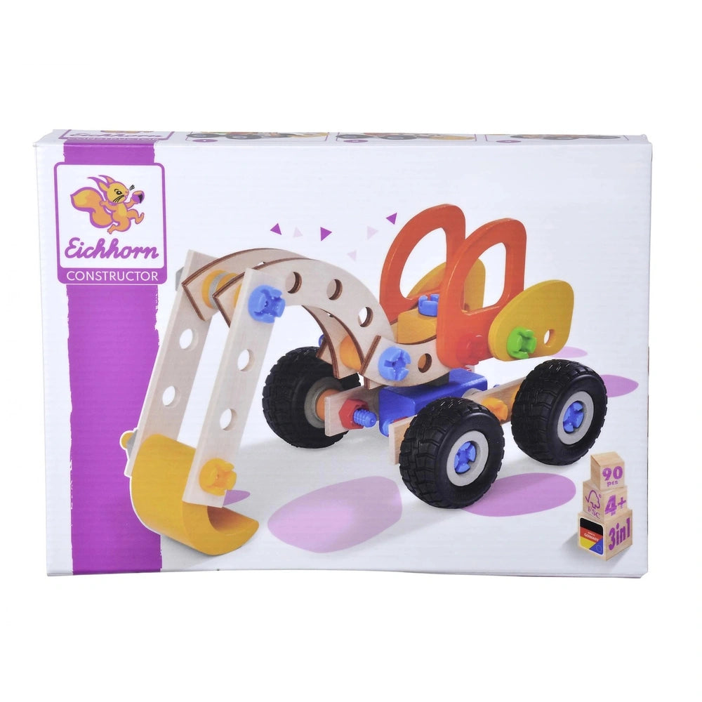 Eichhorn Constructor 3in1 construction set features colorful wooden pieces and plastic connectors, ready for creative assembl